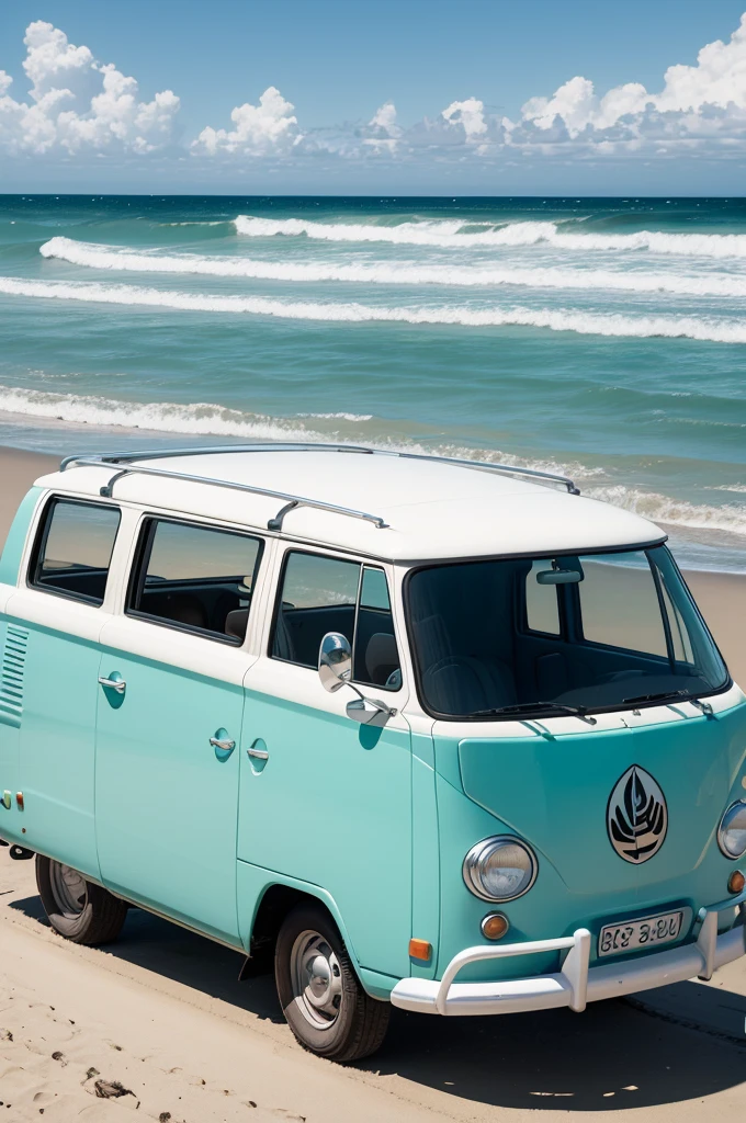 Create a cartoon-style image of a Kombi with a surfboard on top in a beach setting