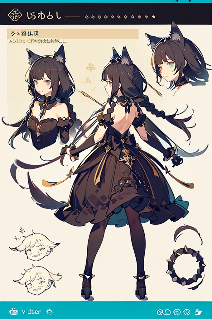 (masterpiece, best quality), ((character design sheet, same character, 2 different views, front and back)), ((full body)), reference, drawing reference, character reference, ((vtuber design)), very detailed body, intricate outfit, twin braids, messy hair, black hair, gothic Lolita dress, ornate dress, wolf ears, wolf tail, mischievous smile, spiked collar, short skirt