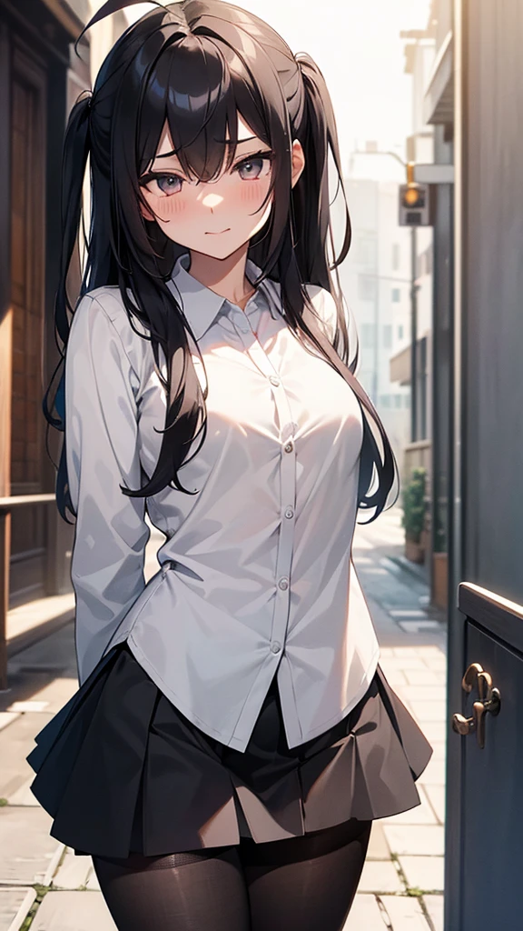 ((masterpiece, Highest quality)), (One girl), (alone), (Focus on women), (Ahoge, Gray Hair, Very long hair), Golden Eyes, A light smile, Open your mouth, ((White shirt), (Buttoned shirt), (Button gap)), ((Black Skirt), (Short skirt)), Are standing, White Background, Put your arms behind your back, Dynamic Angle,,（Sharp Eyes）,（Glaring:1.1）,Scornful Eyes,（empty eyes）Grit your teeth,Sweat,（Lift up your skirt yourself）,pantyshot,（Panties through pantyhose）,cameltoe focus,（from below）masterpiece,Highest quality,8K,Black hair two side up,Mid-length hair,Less hair volume,No sleeve,Checkered mini skirt,Small breasts，（Sharp Eyes）,（Glaring:1.1）,Scornful Eyes,（empty eyes），Grit your teeth,Sweat,ass pov,blush, Small breasts,Grin,Panty details,Detailed Description,Light blue panties,High quality panties,Panties with stains,Wet texture,fine hands,Beautiful Hands,Perfect hands,Beautiful Skin,Shadowed face,In the back alley