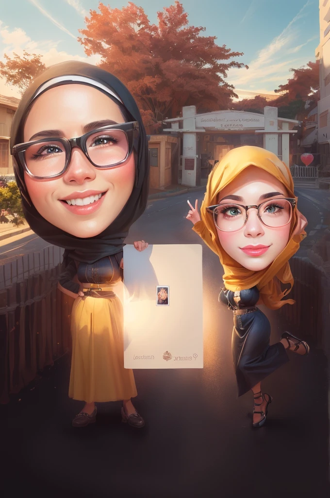 cartoon of a woman and a girl holding a big card, Wearing hijab, full protrait, potrait, caricature illustration, inspired by JoWOnder, wide portrait, protrait, digital art cartoon, realism artstyle, caricature, caricature style, caricature!!!, cartoon artstyle, by Abidin Dino, chibi, realism art, scandy and arender