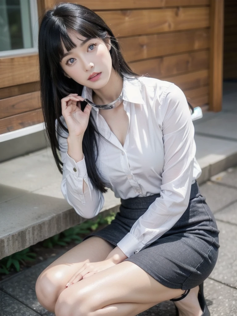 (Best Quality, 8K, masutepiece, Ultra HD: 1.3), 1girl in, ,light brown hair, Blunt bangs, hair behind ear, hair over shoulder, Long hair, slender body shape, Ultra Fine Face, Delicate lips, Beautiful eyes, Double eyelids, lipsticks, thin blush ,Black eyes ,perfect glossy skin,flawless skin fair white skin ,Glistening sweat,A gaze that invites you, Chest,Ultra-thin hands, Ultra-fine fingers, shirt with collar, tight skirts , beauty legs ,Low Heels. outside of house、In the middle of a date