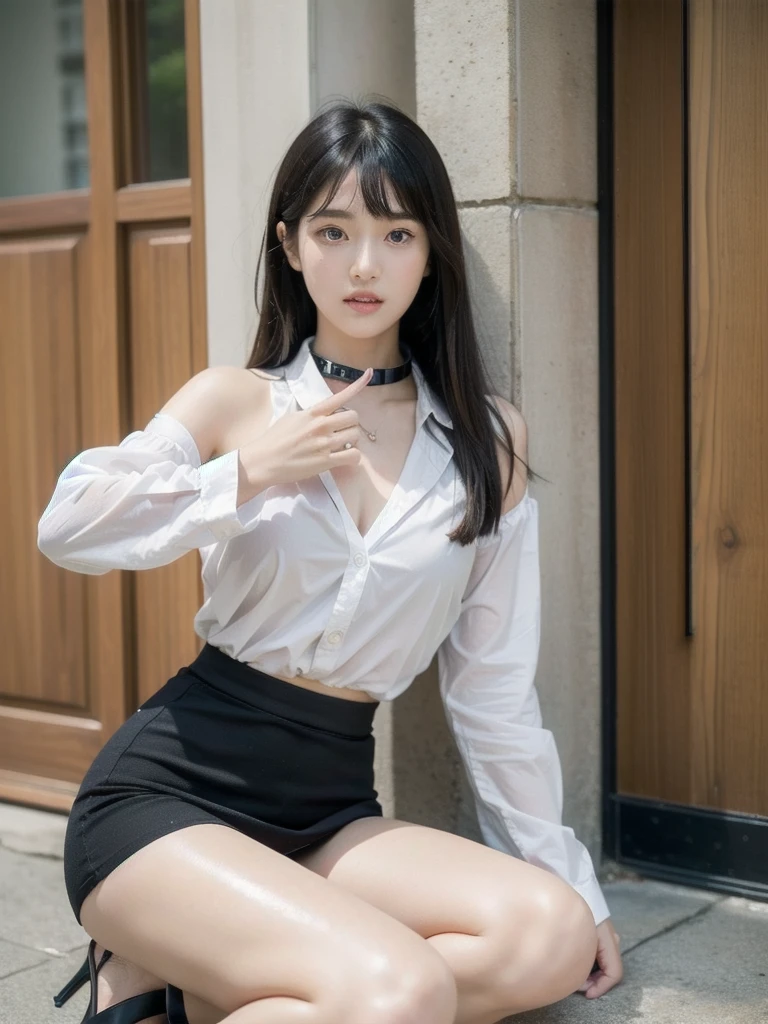 (Best Quality, 8K, masutepiece, Ultra HD: 1.3), 1girl in,  ,light brown hair, Blunt bangs, hair behind ear, hair over shoulder, Long hair,  slender body shape, Ultra Fine Face, Delicate lips, Beautiful eyes, Double eyelids, lipsticks, thin blush ,Black eyes ,perfect glossy skin,flawless skin　fair white skin ,Glistening sweat,A gaze that invites you, Chest,Ultra-thin hands, Ultra-fine fingers, shirt with collar, tight skirts , beauty legs ,Low Heels. outside of house、In the middle of a date