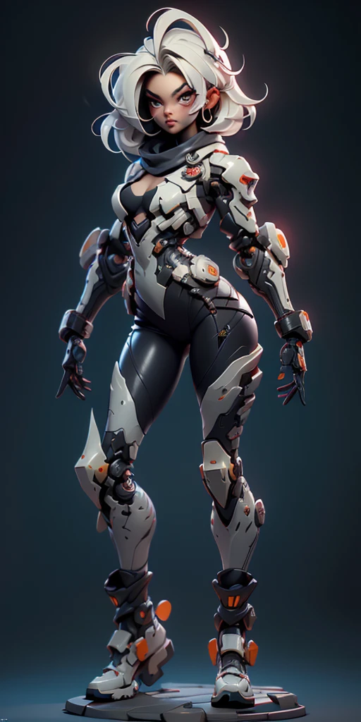 ((full body concept art, simple background)), ((Best Quality, best resolution, award-winning portrait, official art)), ((perfect Masterpiece)). Young beautiful girl, (detailed: 1.4), (Absurd), mature woman, beautiful face, perfect body, bare thighs, long legs, cyberpunk post apocalyptic colors. She has (short white hair), wears a (Harajuku-inspired cyberpunk tech-wear bottom:1.2) , jacket, ((the most beautiful and sexy aesthetic)), sexy, cleavage showing, hot, sexy, seductive posture, mecha arm, tech suit,black jeans that fit her body and a skin tight black T-shirt, Hightech scarf, cloak, stylish, glowing trims,digital art, black robot joints, very stylish, award-winning product design, (wearing smooth organic tech armor), (long shapeless hair), big breasts, revealing clothes, ((dynamic pose)), (Depth-of-field), Maximum clarity and sharpness, Octane Render, (Cinematic lighting), shiny glossy skin, tight full body suit, Wearing latex, shiny and metallic, ((white suit)), Glowing cybernetic joint details, Glossy,Cloak, exoskeleton,super huge enormously gigantic , cleavage showing, ((from behind)).