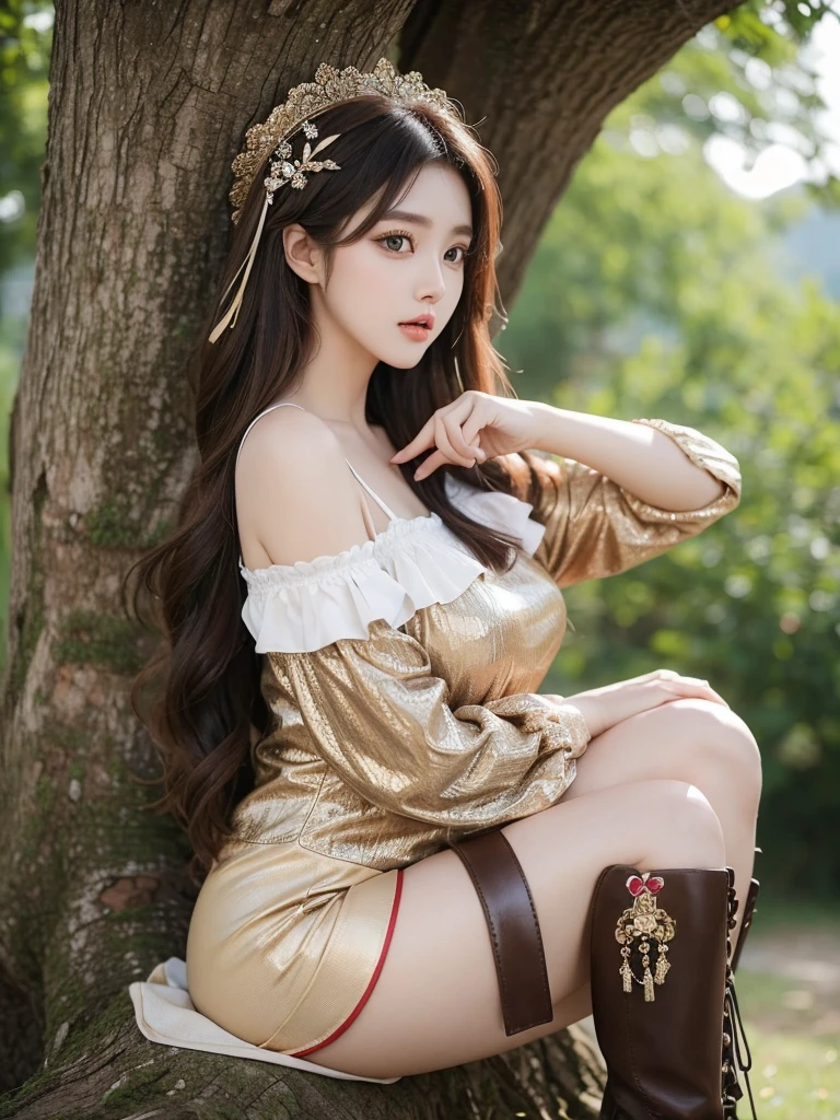 Beautiful woman wearing a brown mini dress with decorations on the shirt and visible shoulders and wearing boots and being photographed with a background And was on top of a big tree Korean style swag, beautiful face so gorgeous, Beautiful eyes, y2k style