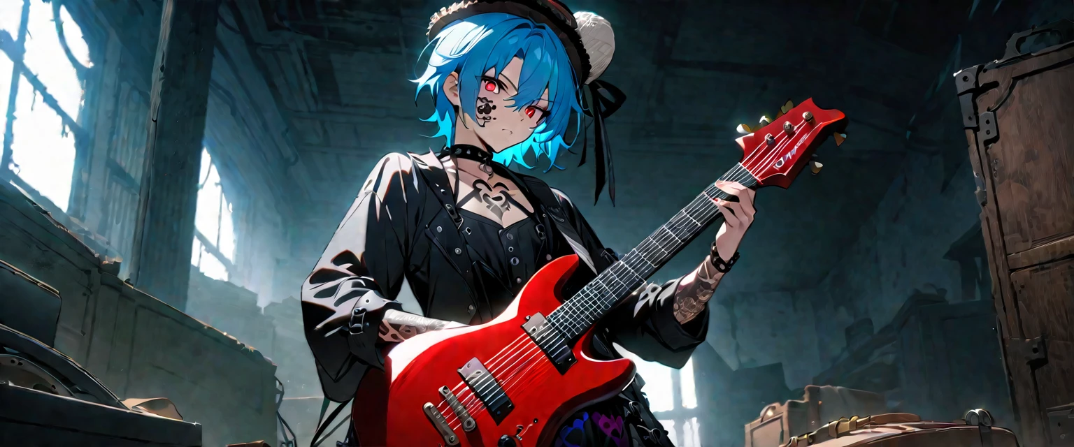 (((masterpiece,Highest quality))),((A male anime character with long blue hair and red eyes wearing a visual kei outfit and holding a guitar)),((Steampunk-style electric guitar)),((Standing with a guitar in an abandoned room)),(((silk hat,Tattoo on the right side of the face,))),Focus on the upper body,(high quality),アニメ
