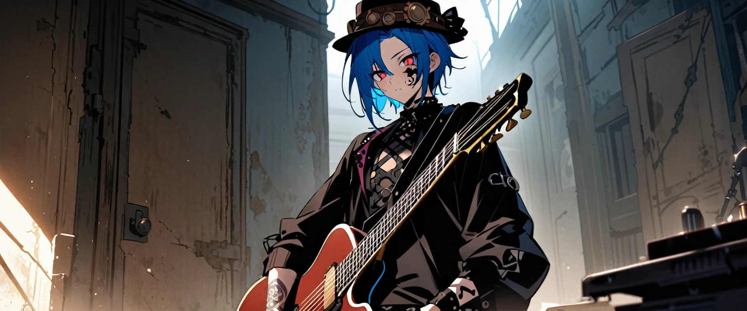 (((masterpiece,Highest quality))),((A male anime character with long blue hair and red eyes wearing a visual kei outfit and holding a guitar)),((Steampunk-style electric guitar)),((Standing with a guitar in an abandoned room)),(((silk hat,Tattoo on the right side of the face,))),Focus on the upper body,(high quality),アニメ