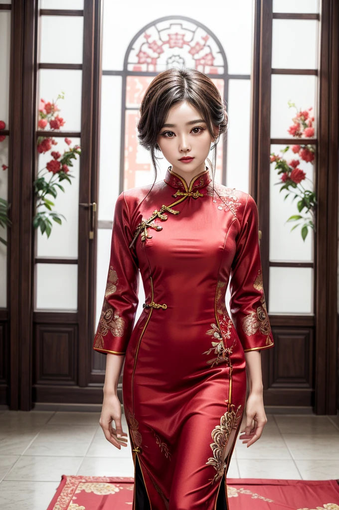 Create a highly detailed and elegant Cheongsam (Qipao) design. The dress should feature intricate floral embroidery, traditional Chinese patterns, and a high collar. The fabric should be silky and glossy, with a rich, deep red color that symbolizes good fortune. Add gold accents and trim to enhance the luxurious feel. The Cheongsam should be form-fitting, highlighting the wearer's figure gracefully, with side slits for ease of movement. Include delicate buttons along the side and an overall sophisticated, timeless look. Temple background, full body