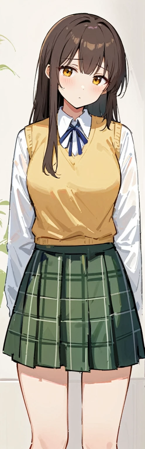 (work of art, best qualityer:1.2), 1 girl, standing alone,standing_to divide,
Mikan Yuuki, eyes browns, chestnut hair, hair ornament,long hair,green plaid skirt, Sainan , , white shirt, yellow vest,witheout panties,new