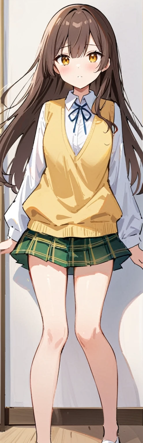 highest quality,masterpiece,8k,1girl,medium breasts, blush, sweat, mini skirt, lift skirt, upskirt, stripe panties, hair ribbon, twin tails, green shirt, seifuku, white neckerchief, long sleeves, pleated skirt, black skirt, thigh highs sox, loafers, camel toe, open legs, heart shaped pupils, 