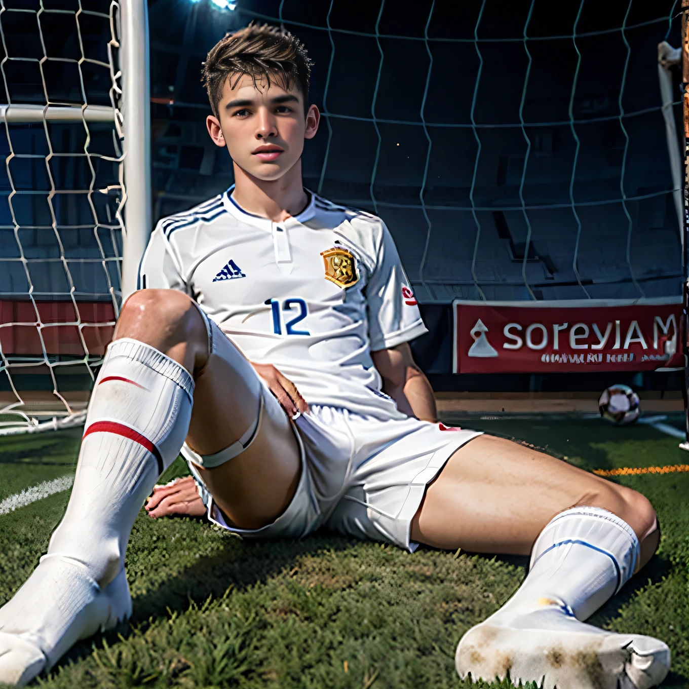 White-skinned young Spanish soccer player wearing white socks