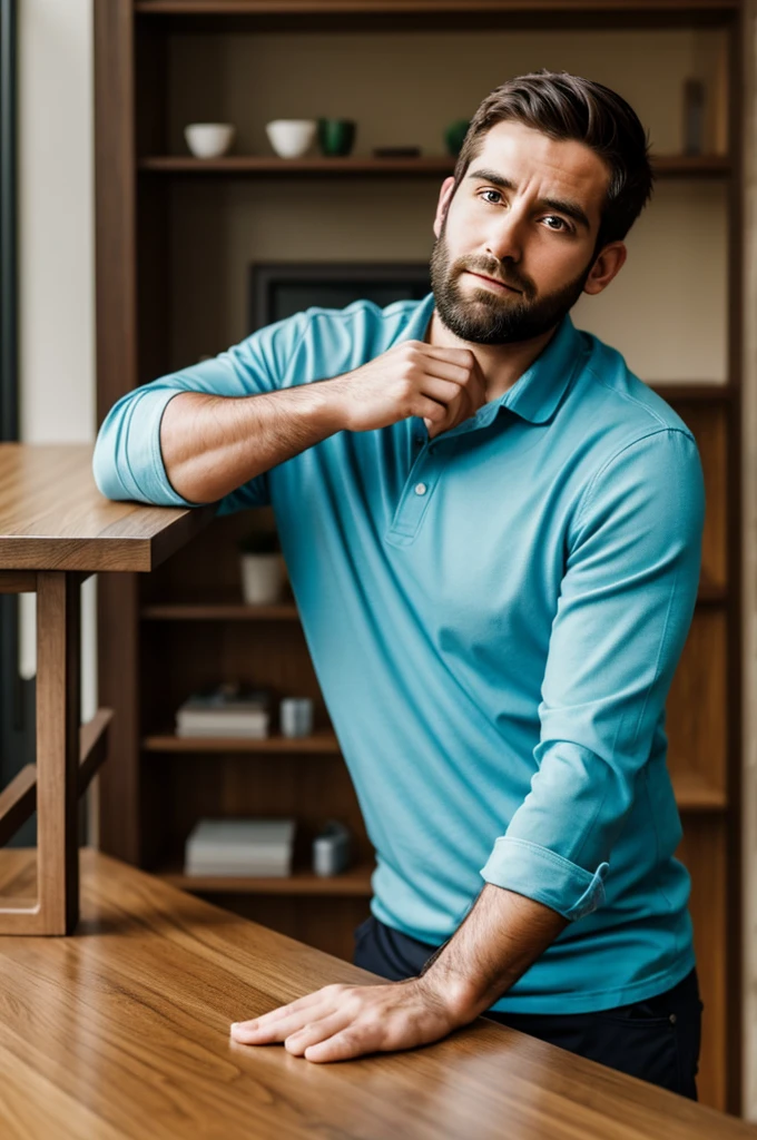 30-year-old man slightly hunched leaning on a table
