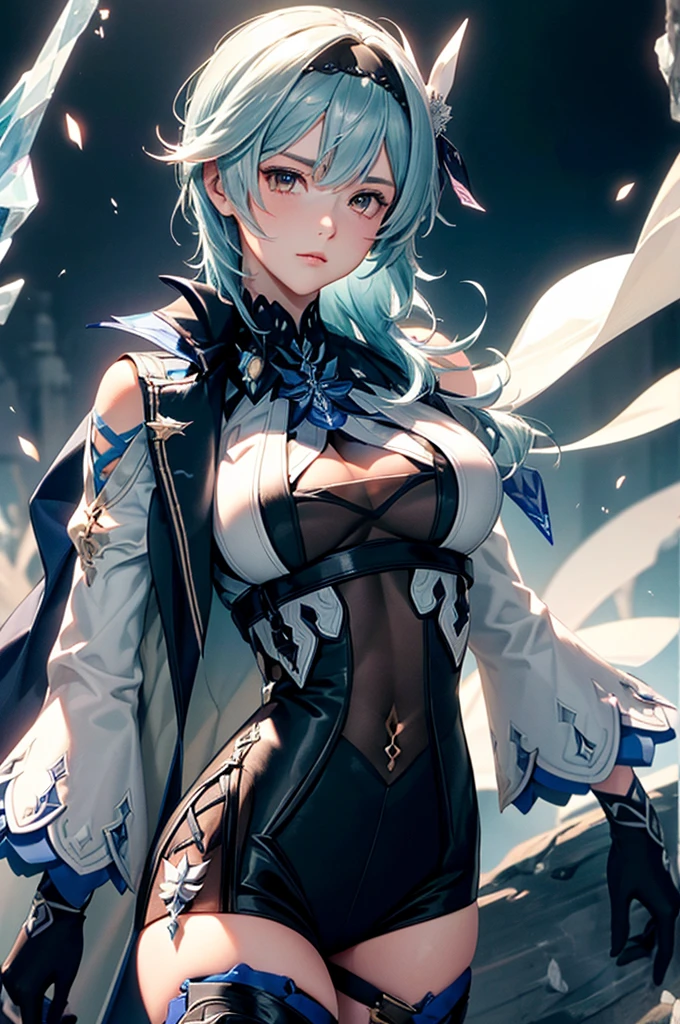 ((euladef)):1.5,((masterpiece,Highest quality,Highly detailed images,Beautiful images))1.4(Image of Eula leaning back with her arms raised、Huge crystal in the background、Overall dim lighting、Backlight、A fantastic atmosphere、Thick Fog、Dust flutters)1.3,(Close-up image of eula)1.1、(Her back is arched, Accentuate your breasts.、Turn your body to the viewer):1.2（Beautiful cleavage、Exposing cleavage）
