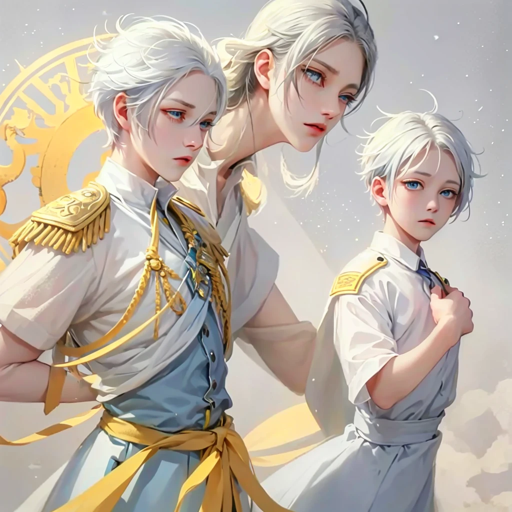 Snow，Sunlight，boy with short white hair，The clothes are mainly light blue with a little goose yellow，uniform，red badge，jewel-like blue eyes，White eyelashes，Thinking expression，Standing at attention and thinking