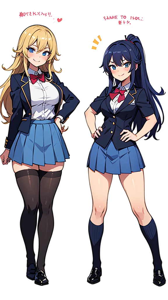 wo sexy women, flirtatious smiles, various hairstyles, highschool outfit, blue skirt