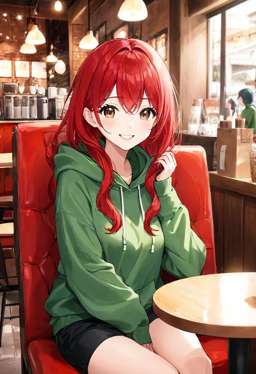 Pretty asian woman, bright red hair, green eyes, busty, black shorts and a green hoodie, cute, sitting in a big chair. Anime style, coffee shop environment, pretty smile