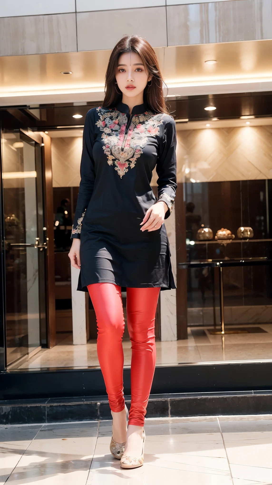(gir in luxurious mall, shopping mall, luxurious Mall, luxurious place),
(((Full body shot:1.5))), (Indian babe), (wide standing position:0.8), (looking at viewers, front view shots), (masterpiece, hyper realistic, hyper detailed, photorealists:0.8), 1girl, 20 years old lady, 16k, FHD, UHD, high quality pictures, extremely detailed, candid brightness, candid shots, extreme detailed, colorful, highest detailed, (iconic picture shot, perfect brightness, perfect contrast, perfect colour), (pretty face, iconic face), (detailed face, detailed eye, detailed lips, detailed neck, ultra realistic face, ultra realistic eye, ultra realistic lips), (attractive hair style, detailed hair style), (sagging perky breasts, perfect rounded breasts, attractive breasts), (attractive body figure, perfect body figure, perfect figure, curvy_figure attractive, hourglass body), (beautiful High heels, fancy high heels:0.8),
(beautiful girl in Indian outfits),
(beautiful and aesthetic:1.2),
((Masterpiece straight-line kurta, luxurious kurta, iconic kurta), (fancy A-line kurta), (embroidery red kurta), colourfull kurta, iconic kurta, flared kurta, long skinny sleeves, ruffled neck kurta, fancy leggings, beautiful leggings).