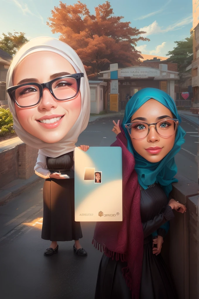 cartoon of a woman and a girl holding a big card, Wearing hijab, full protrait, potrait, caricature illustration, inspired by JoWOnder, wide portrait, protrait, digital art cartoon, realism artstyle, caricature, caricature style, caricature!!!, cartoon artstyle, by Abidin Dino, chibi, realism art, scandy and arender