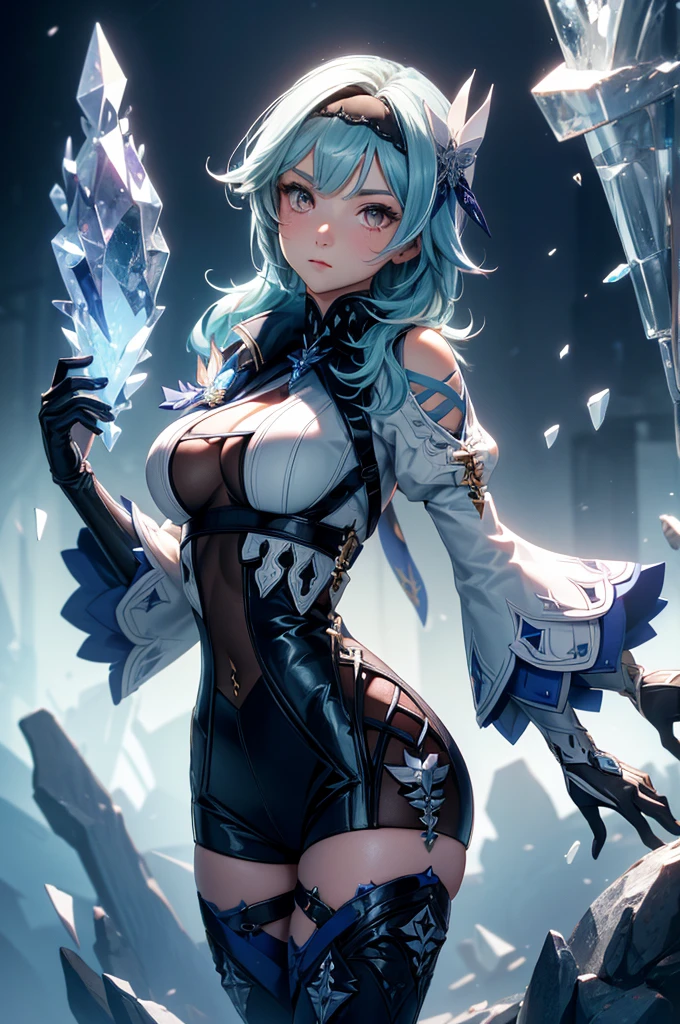 ((euladef)):1.5,((masterpiece,Highest quality,Highly detailed images,Beautiful images))1.4(Image of Eula leaning back with her arms raised、Huge crystal in the background、Overall dim lighting、Backlight、A fantastic atmosphere、Thick Fog、Dust flutters)1.3,(Close-up image of eula)1.1、(Her back is arched, Accentuate your breasts.、Turn your body to the viewer):1.2（Beautiful cleavage、Exposing cleavage）
