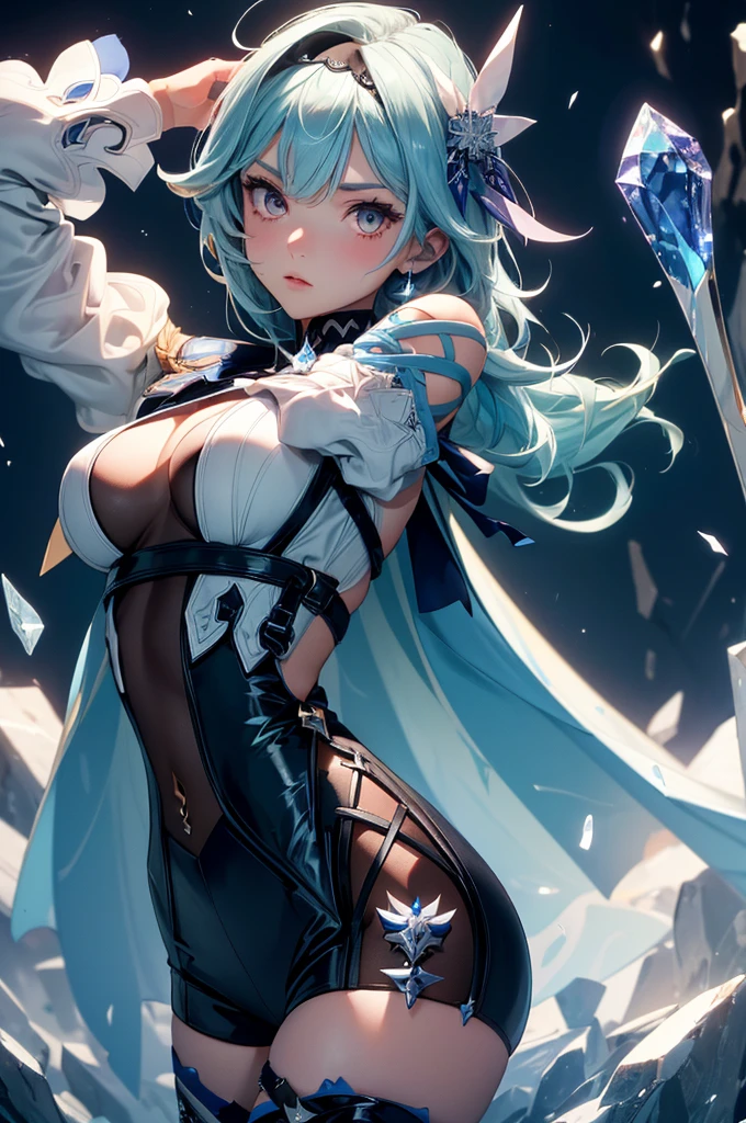 ((euladef)):1.5,((masterpiece,Highest quality,Highly detailed images,Beautiful images))1.4(Image of Eula leaning back with her arms raised、Huge crystal in the background、Overall dim lighting、Backlight、A fantastic atmosphere、Thick Fog、Dust flutters)1.3,(Close-up image of eula)1.1、(Her back is arched, Accentuate your breasts.、Turn your body to the viewer):1.2(Beautiful cleavage、Exposing cleavage)