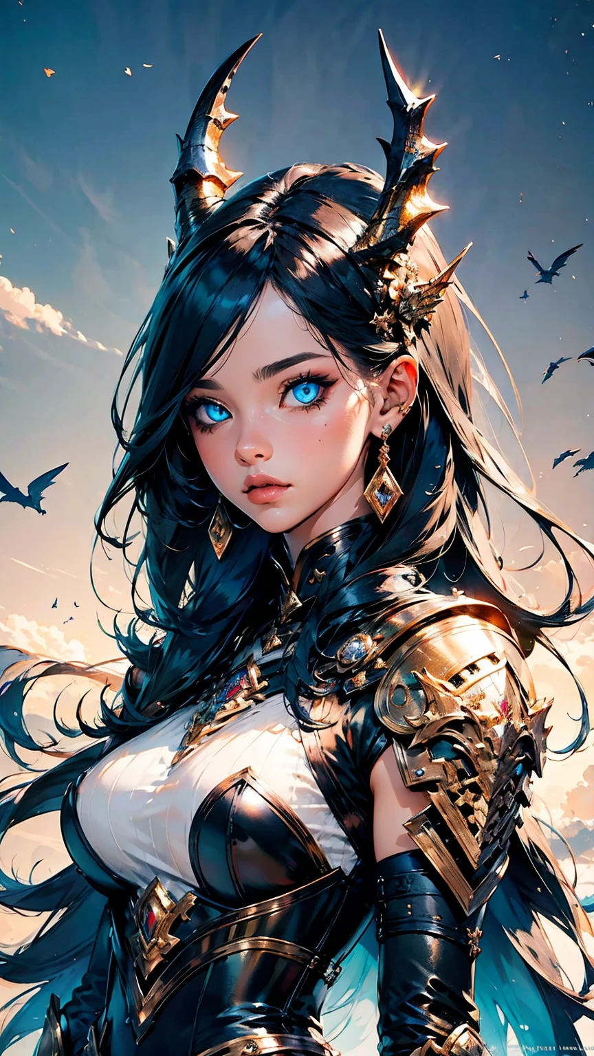 8K, realistic, ultra high definition, super detail, young girl 18 years old, shiny detailed hair, dragon ears, detailed face, dragon features, fantasy scenery, solo, looking at viewer, {{best quality}}, {{masterpiece}}, {{super detailed}}, {detailed lighting}, ultra high quality eyes, detailed eyes, perfect eyes, big eyes, blue eyes, sexy tattoo, black hair, long hair, metal dragon horns, beautiful earrings, beautiful, thin figure, fair skin, armor