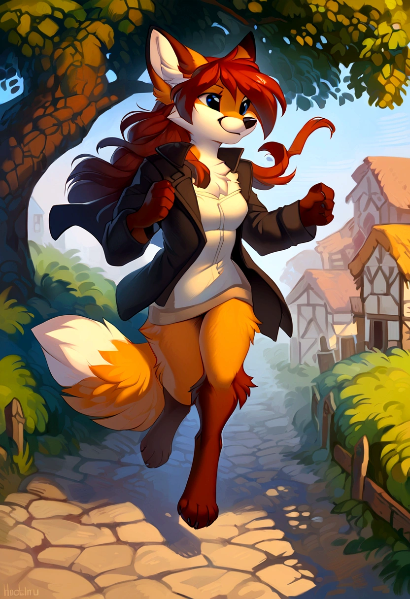 a cute furry fox girl by hioshiru, running, open jacket, small breasts, village, tree, day