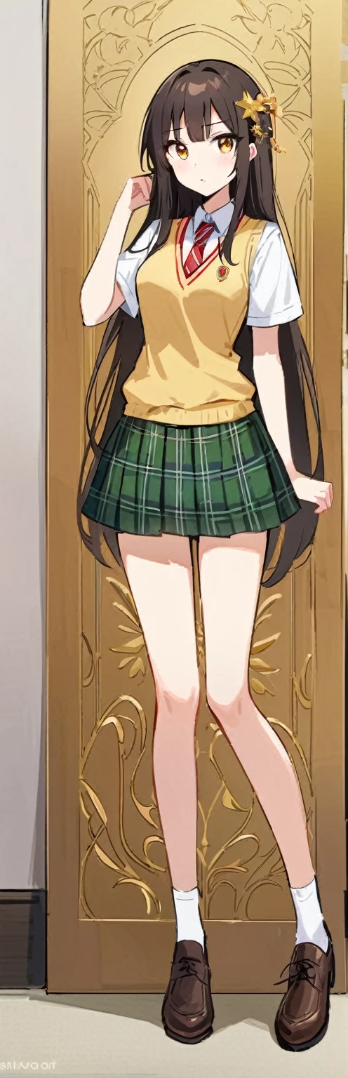 (work of art, best qualityer:1.2), 1 girl, standing alone,standing_to divide,
Mikan Yuuki, eyes browns, chestnut hair, hair ornament,long hair,green plaid skirt, Sainan , , white shirt, yellow vest,witheout panties,new,Unclothed