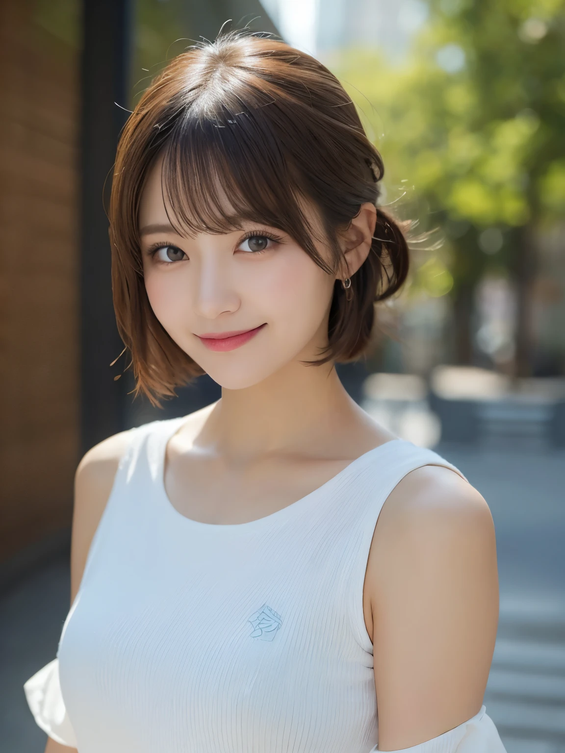 masutepiece, Best Quality, Illustration, Ultra-detailed, finely detail, hight resolution, 8K Wallpaper, Perfect dynamic composition, Beautiful detailed eyes, doress, short Hair, mid-chest, Natural Color Lip, Random and sexy poses,Smile, Blurred white photography studio background、20 years girl、Colossal 、Too much exposure、No shoulder tops（white）、Exposing the chest、Slid、I keep my hair tied up