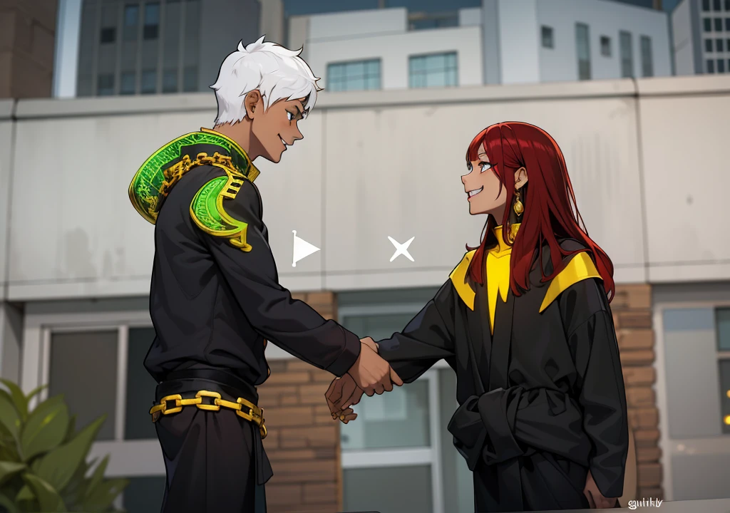 pretty girl mischievous look smiles evilly with malice smiles with malice and evil she plans something bad the boy also smiles he wears black egyptian robe with yellow and gold jewelry
