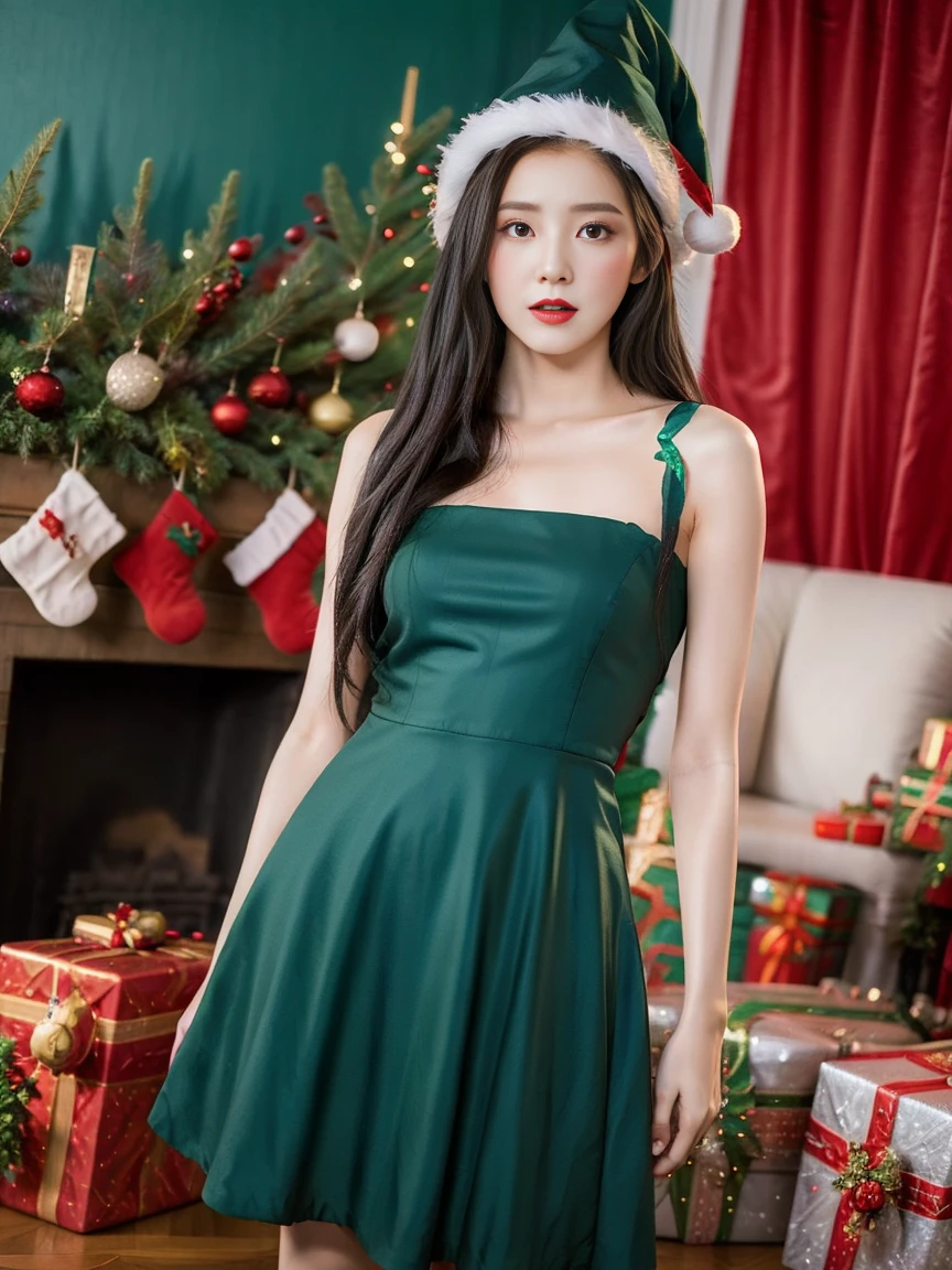 Woman wearing sexy Christmas witch costume,blue dress, luxury bedroom, blue dress,big ,หน้าอกbig,Actually,virtual