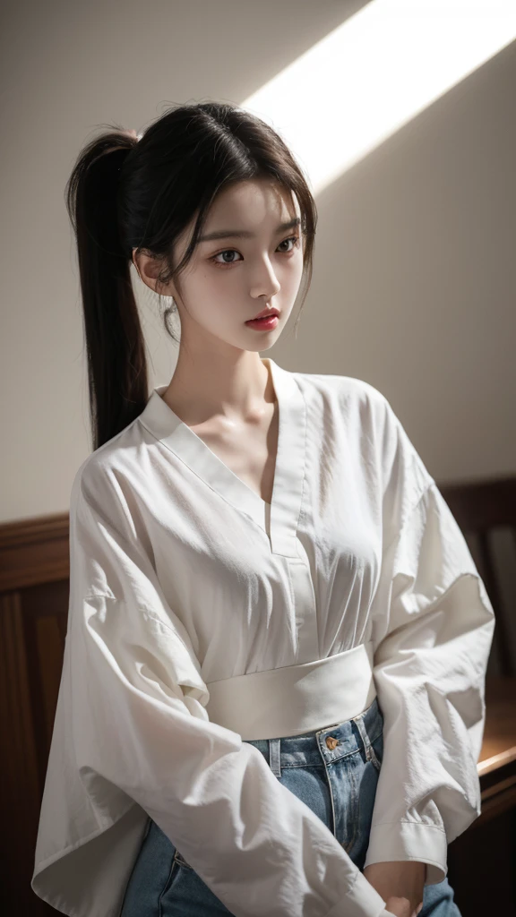 korean model , slim body , 167cm ,Movie Angle,long black ponytails hairstyle, (Cute girls,anatomy correct,Masterpiece loose blouses),( art,Quilted art,geomerty),(plethora of colorest quality,high detal,tmasterpiece,Cinematic lighting effects,4K,Chiaroscuro)