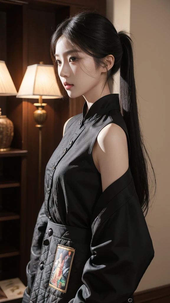 korean model , slim body , 167cm ,Movie Angle,long black ponytails hairstyle, (Cute girls,anatomy correct,Masterpiece loose blouses),( art,Quilted art,geomerty),(plethora of colorest quality,high detal,tmasterpiece,Cinematic lighting effects,4K,Chiaroscuro)