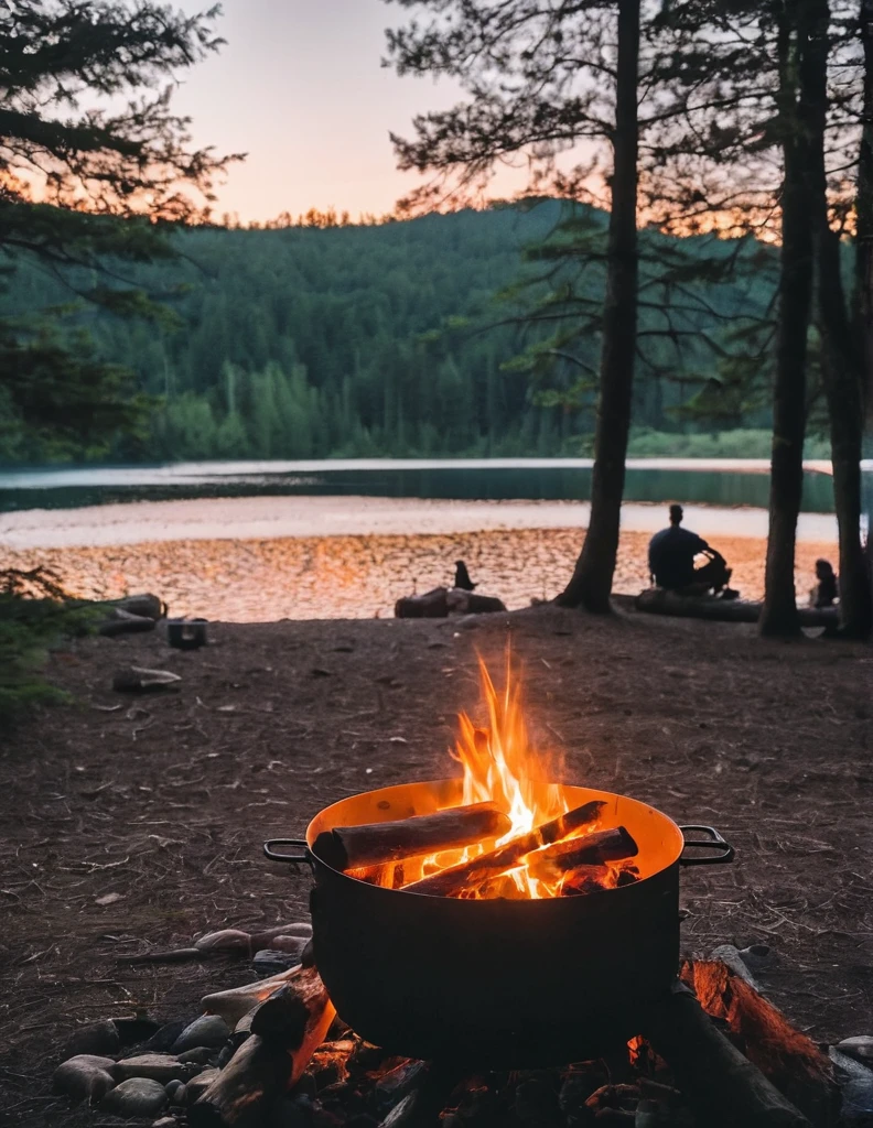there is a campfire with food and a tent in the background, sunset colors, camping, campfire in background, camp fire, peaceful environment, campsites, setting in nature, summer setting, summer lake setting, all in the amazing outdoors view, at a campfire in the forest, outdoors setting, serene environment, summer evening, outdoor campfire pit, barrel fires and tents, beautiful environment, campfire