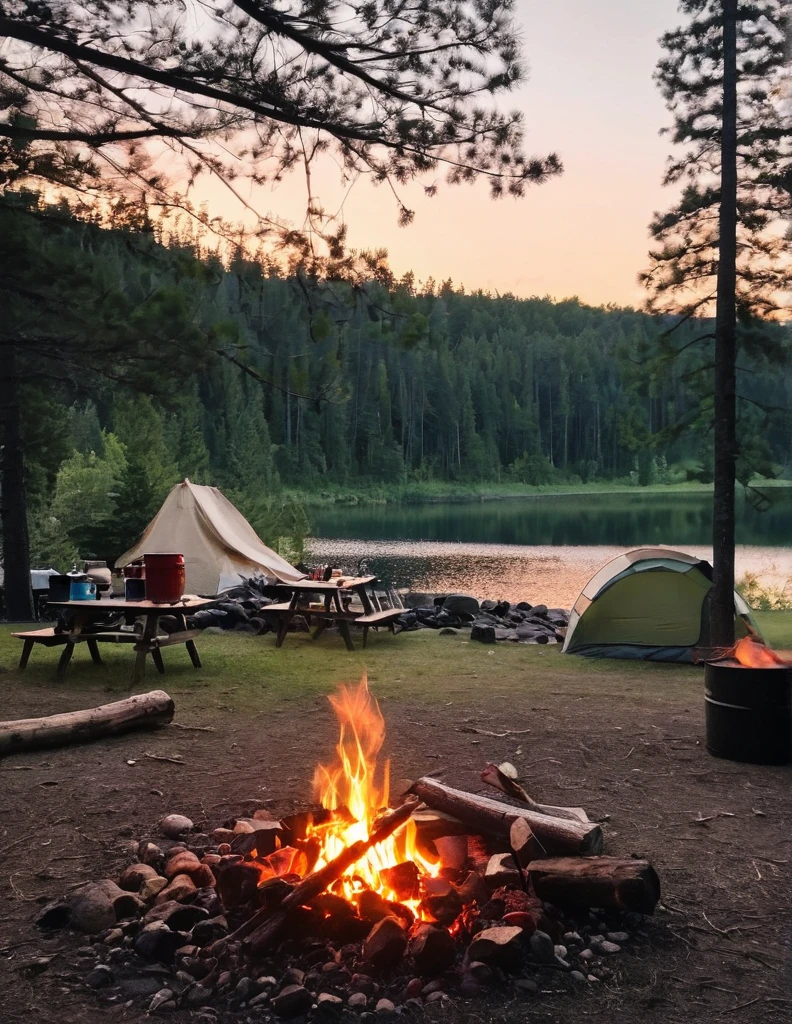 there is a campfire with food and a tent in the background, sunset colors, camping, campfire in background, camp fire, peaceful environment, campsites, setting in nature, summer setting, summer lake setting, all in the amazing outdoors view, at a campfire in the forest, outdoors setting, serene environment, summer evening, outdoor campfire pit, barrel fires and tents, beautiful environment, campfire