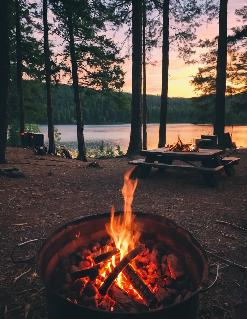 there is a campfire with food and a tent in the background, sunset colors, camping, campfire in background, camp fire, peaceful environment, campsites, setting in nature, summer setting, summer lake setting, all in the amazing outdoors view, at a campfire in the forest, outdoors setting, serene environment, summer evening, outdoor campfire pit, barrel fires and tents, beautiful environment, campfire