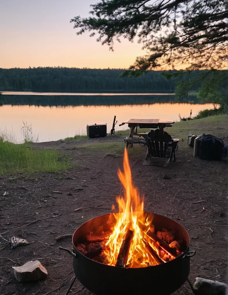 there is a campfire with food and a tent in the background, sunset colors, camping, campfire in background, camp fire, peaceful environment, campsites, setting in nature, summer setting, summer lake setting, all in the amazing outdoors view, at a campfire in the forest, outdoors setting, serene environment, summer evening, outdoor campfire pit, barrel fires and tents, beautiful environment, campfire