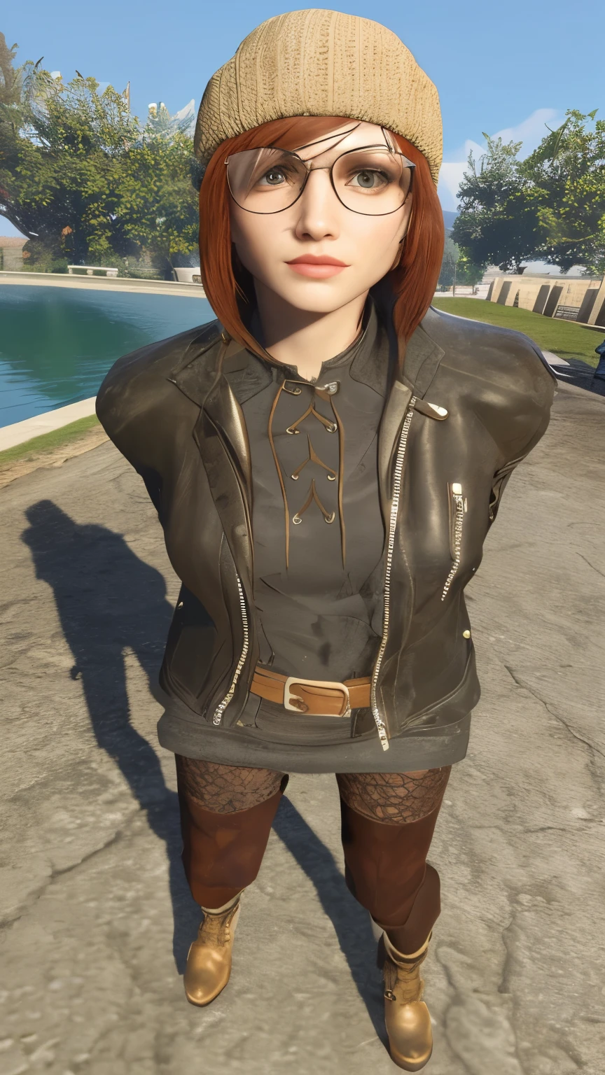 there is a woman with glasses and a hat standing on the street, detailed rusty armor, mechanical punk clothing, tied leather armor, high detailed clothes, diesel punk feminino, Detailed Fallout NPC! greatest angle, very detailed and rich clothing, heavy brown metallic armor, leather jacket, realistic clothing, well - detailed outfit