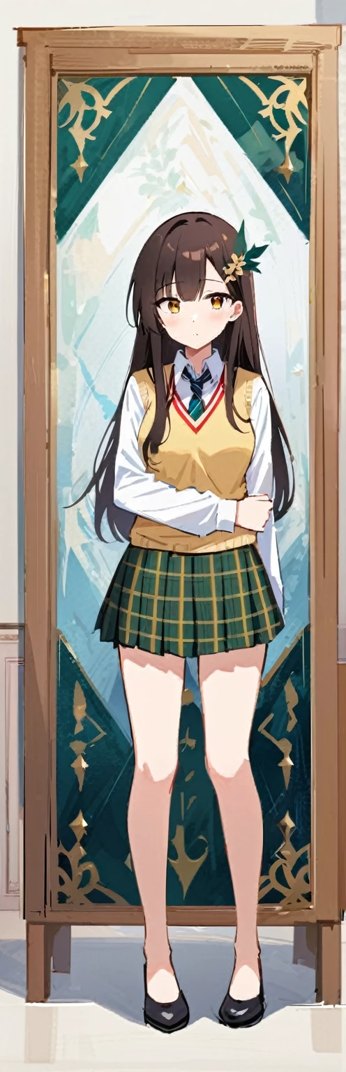 (work of art, best qualityer:1.2), 1 girl, standing alone,standing_to divide, 
Mikan Yuuki, eyes browns, chestnut hair, hair ornament,long hair,green plaid skirt, Sainan , , white  shirt, yellow vest,witheout panties,new,Unclothed,delicious

