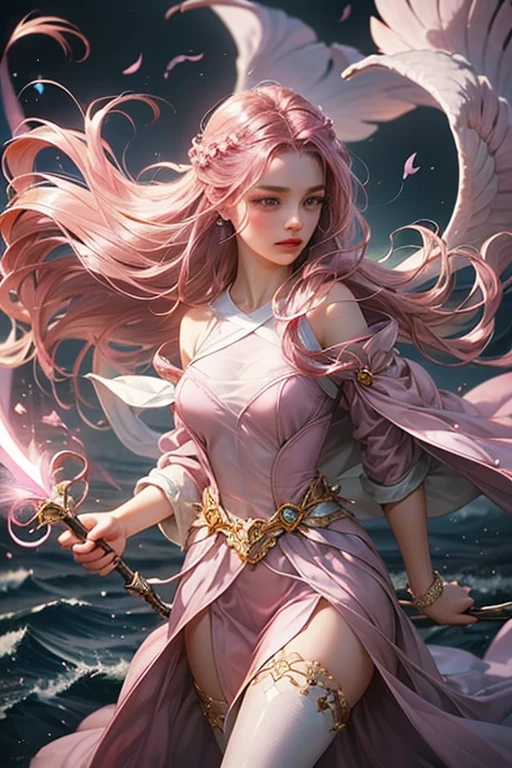 "Create an ultra-realistic image of a stunning 18-year-old girl holding an air magical staff that exudes the energy of the wind and sky. She should be dressed in a sophisticated, ((((((dark pink)))))) shaded outfit that contrasts beautifully with her airy element. Depict her surrounded by elements of air, such as swirling breezes, floating feathers, and gentle currents, to highlight her command over this element. Include a distinct air symbol on her body, signifying her role as the keeper of air and illustrating the powerful, ethereal energy of air she holds within her."