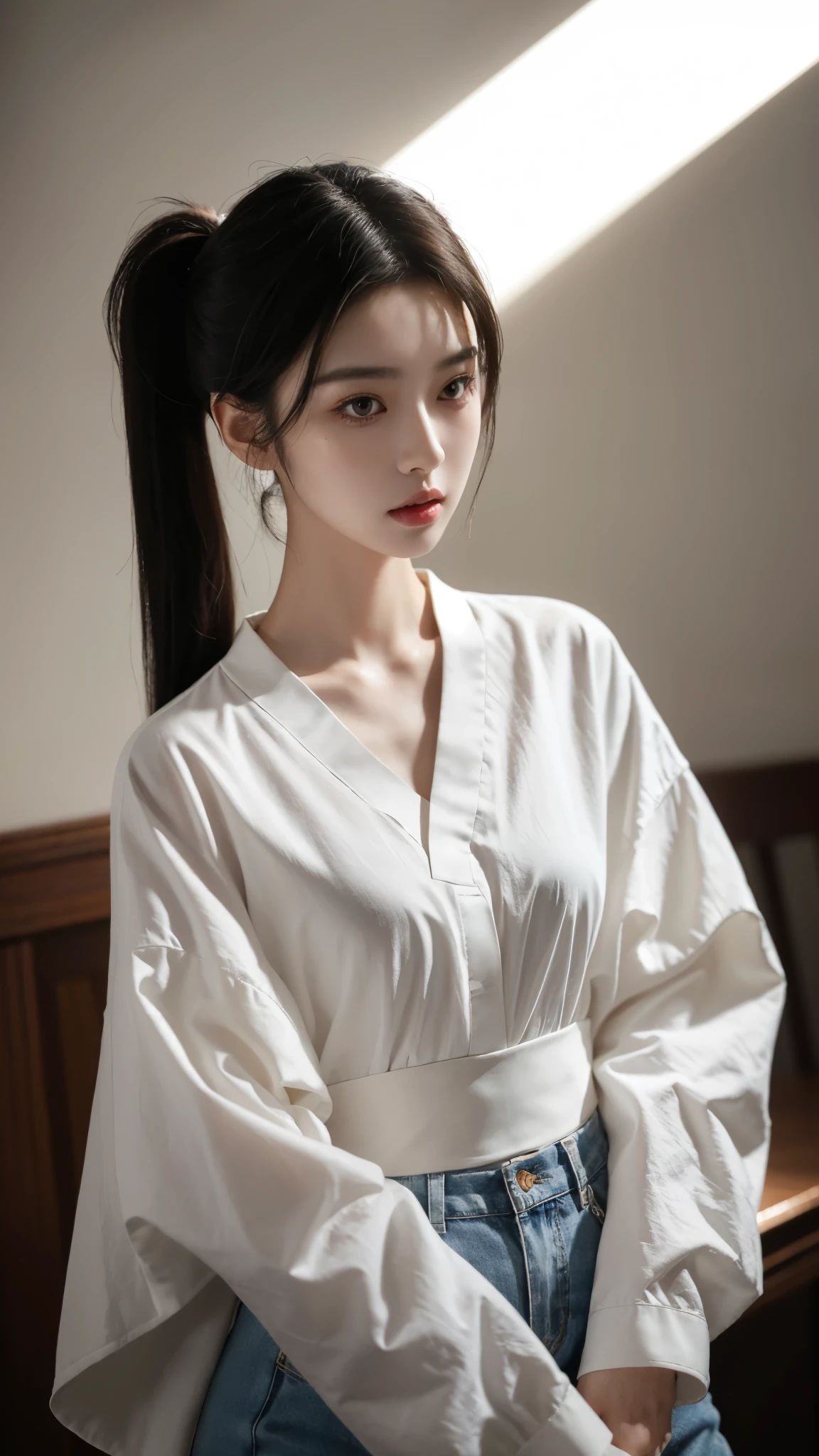 korean model , slim body , 167cm ,Movie Angle,long black ponytails hairstyle, (Cute girls,anatomy correct,Masterpiece loose blouses),( art,Quilted art,geomerty),(plethora of colorest quality,high detal,tmasterpiece,Cinematic lighting effects,4K,Chiaroscuro)