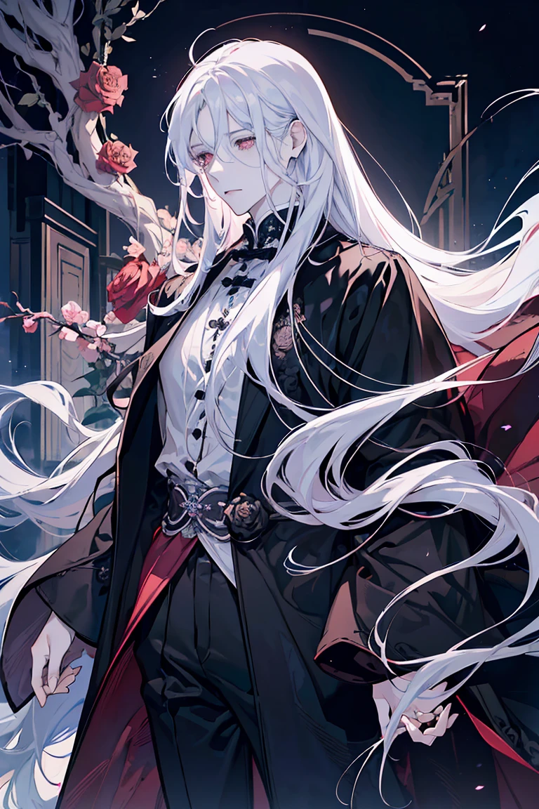 (best quality) (1 male), adult 25 years, ((long rose opal hair)), long disheveled hair, (eyes is completely black, the white of the eye is black), pale skin, thorny vines entwine the hair, gentle delicate facial features, aristocrat's clothes, black cloak covers his head, half-body