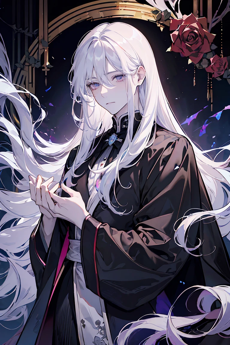 (best quality) (1 male), adult 25 years, ((long rose opal hair)), long disheveled hair, (eyes is completely black, the white of the eye is black), pale skin, thorny vines entwine the hair, gentle delicate facial features, aristocrat's clothes, black cloak covers his head, half-body