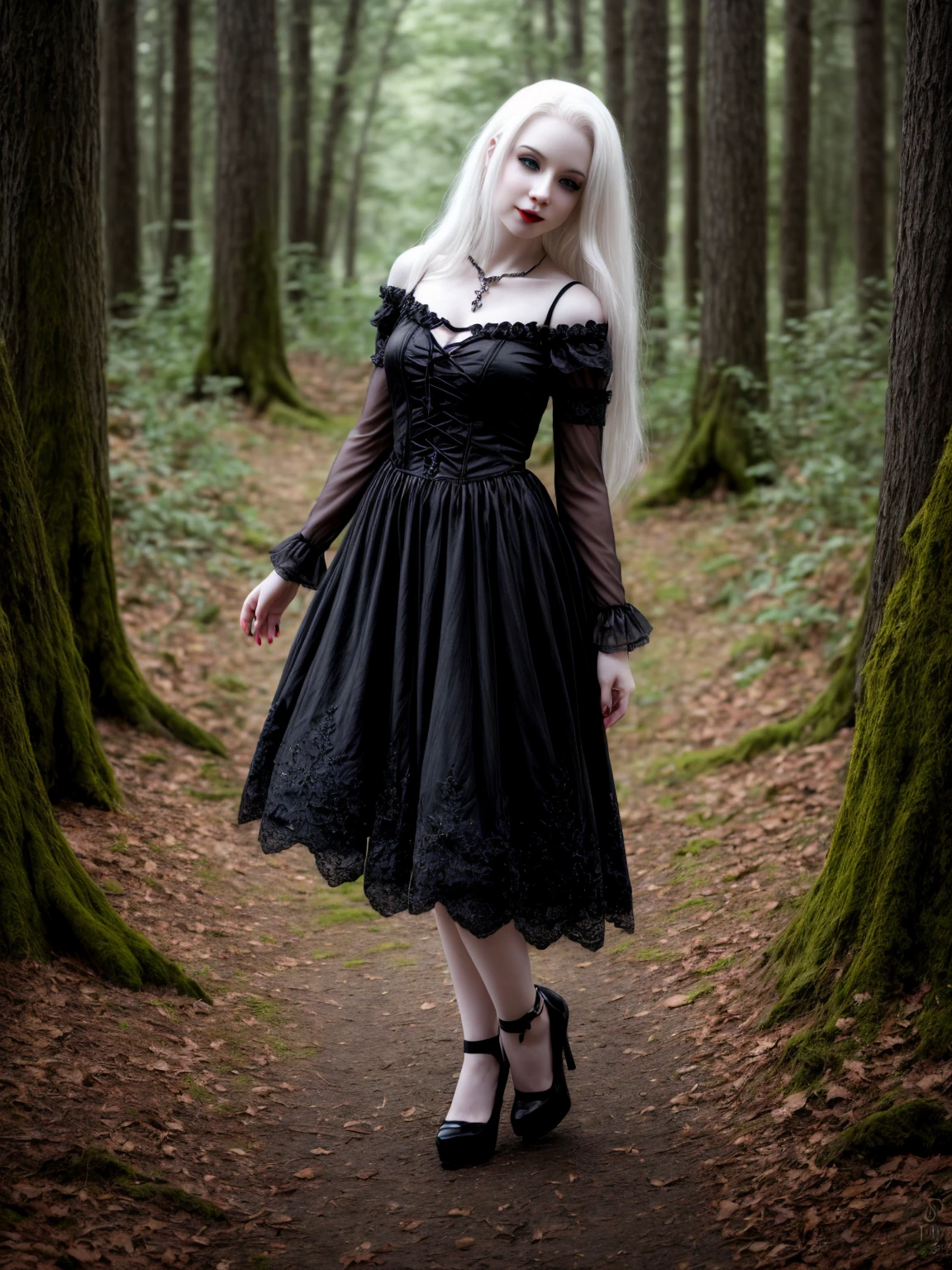 female sexy vampire|albino, pale porcelain skin, sexy vintage black dress, smile, shallow depth of field, grin|creepy, nightfall, detailed face, night, wide hips, narrow waist, portrait of woman standing, detailed eyes, portrait of woman standing, 8k RAW photo, highest quality, looking at the viewer, best shadow, intricate details, long hair, bright eyes, forest, grave, gothic, goth detailed, highres, high qualilty, high saturation