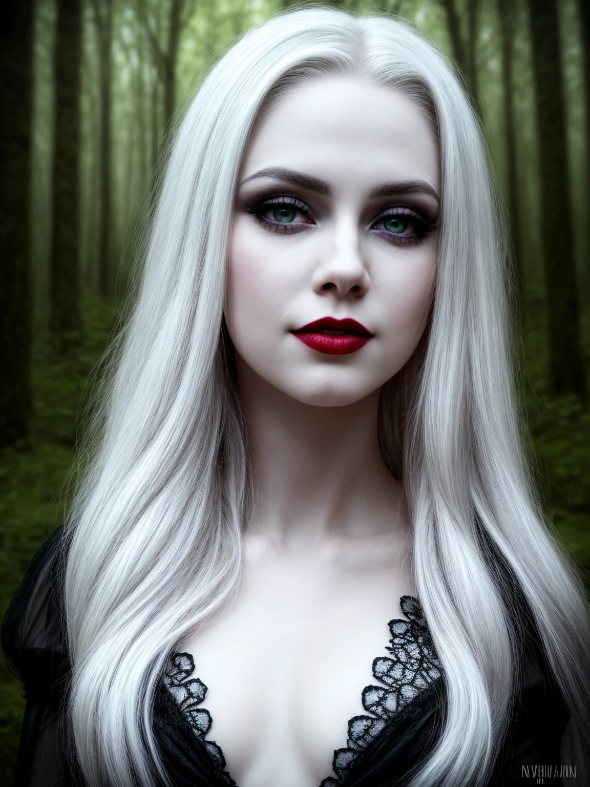 female sexy vampire|albino, pale porcelain skin, sexy vintage black dress, smile, shallow depth of field, grin|creepy, nightfall, detailed face, night, wide hips, narrow waist, portrait of woman standing, detailed eyes, portrait of woman standing, 8k RAW photo, highest quality, looking at the viewer, best shadow, intricate details, long hair, bright eyes, forest, grave, gothic, goth detailed, highres, high qualilty, high saturation