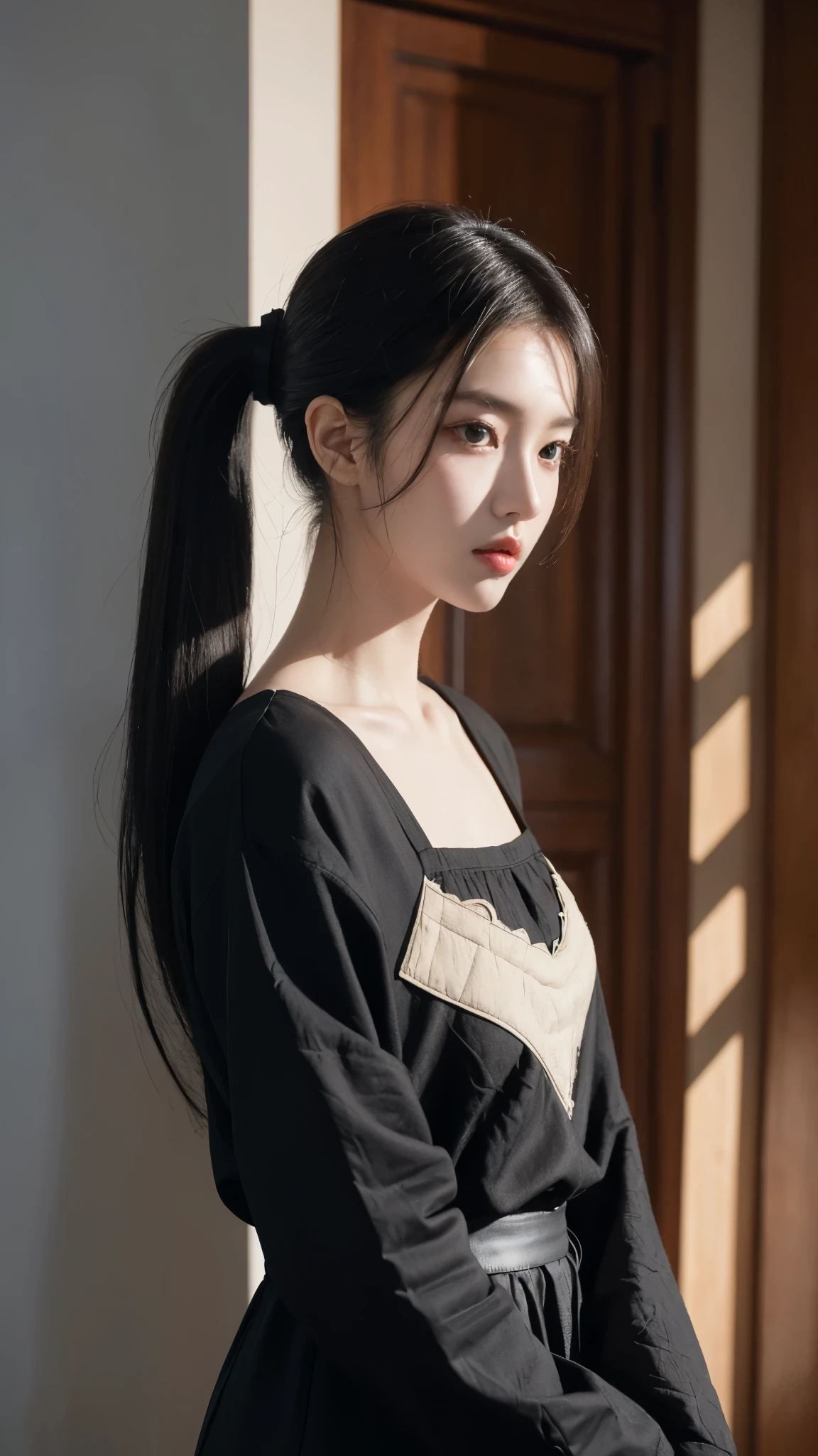 korean model , slim body , 167cm ，Movie Angle，long black ponytails hairstyle, （Cute girls，anatomy correct，Masterpiece loose blouses），（ art，Quilted art，geomerty），（plethora of colorest quality，high detal，tmasterpiece，Cinematic lighting effects，4K，Chiaroscuro）