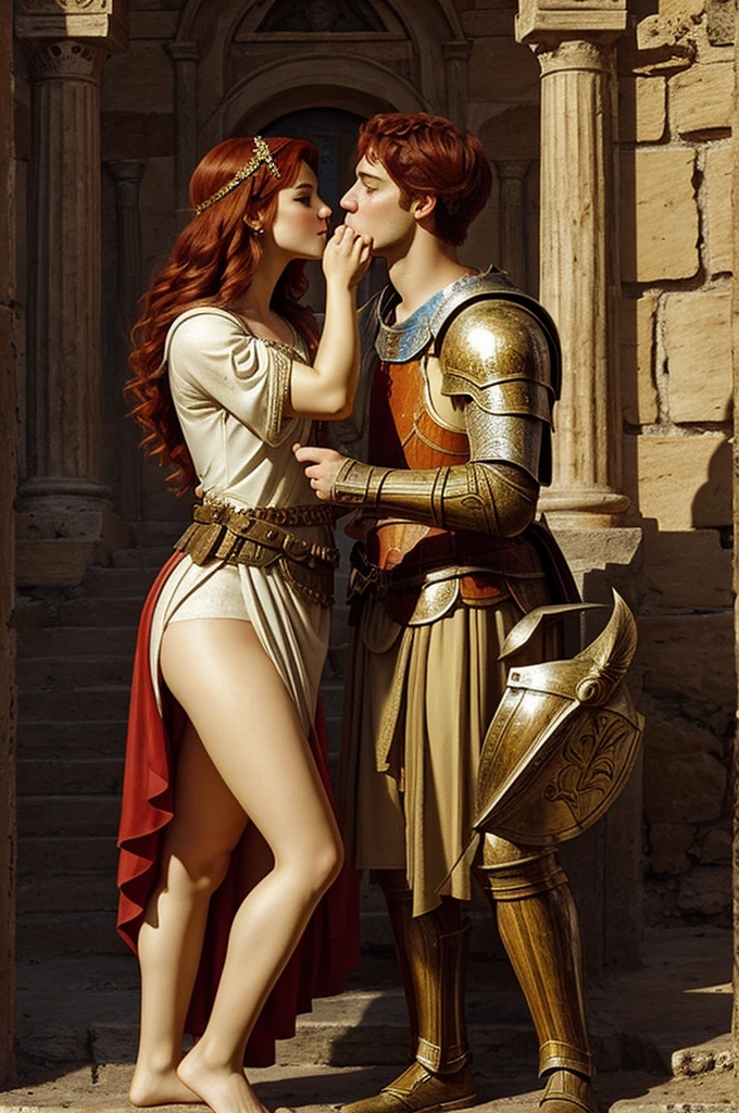 Draw a drawing of a Greek goddess with short red hair next to her a knight and they are kissing and the image looks old