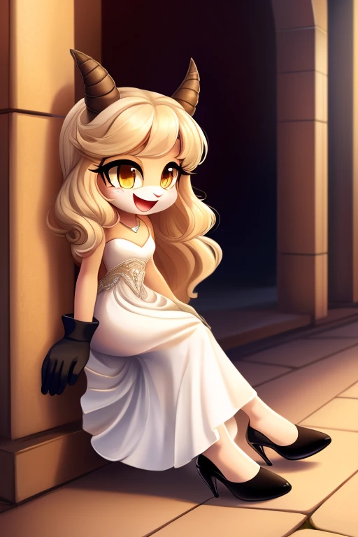 Lamb girl of great beauty, long beige hair curled at the ends, laughing fringe, golden eyes or long tines, White dress, elegant black heels and gloves, White skin