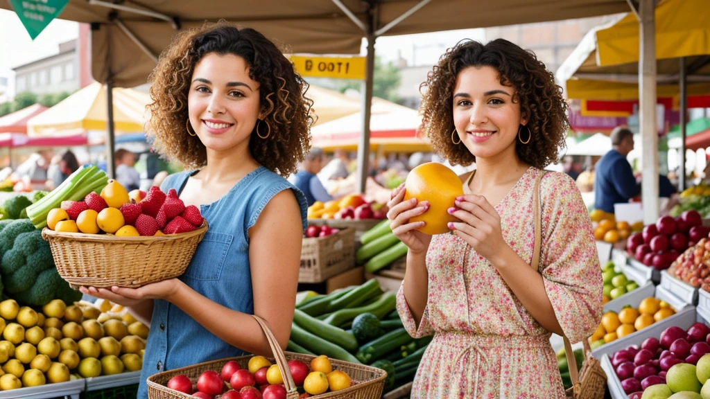 Ultra-realistic image of a beautiful brunette woman with curly hair, standing in a vibrant fruit market. She has warm brown eyes and a friendly smile, wearing a stylish outfit suitable for a sunny day. The scene is filled with colorful fruits and vegetables, with various market stalls in the background. The image captures the fine details of her features, her curly hair, and the rich textures and colors of the fresh produce around her. High detail, photorealistic, 8K resolution