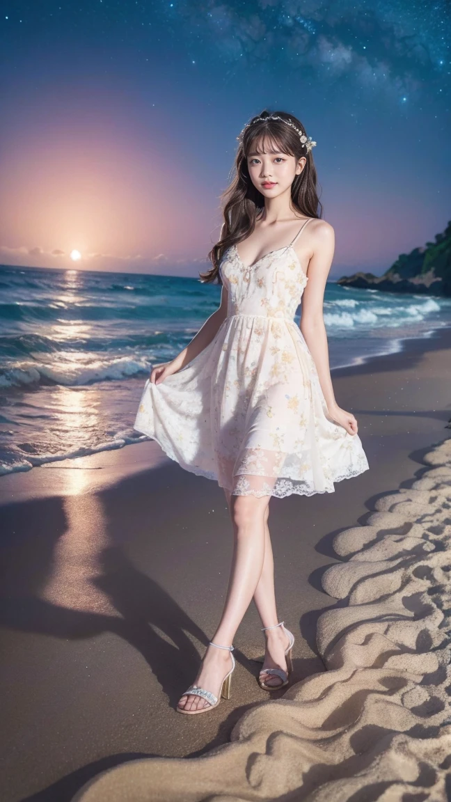 Little fairy standing on the seashore,Wear hair accessories,Lace floral dress,High heel,Charming,sweet and cute,Soft skin,The facial features are realistic and delicate,The beach is full of flowers,Starry Night,Dream Scene Photography,8K Ultra HD picture quality,Real-life photography