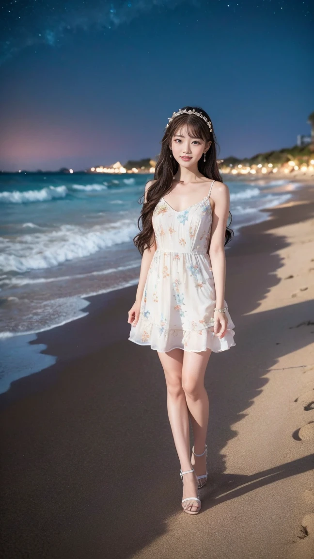 Little fairy standing on the seashore,Wear hair accessories,Lace floral dress,High heel,Charming,sweet and cute,Soft skin,The facial features are realistic and delicate,The beach is full of flowers,Starry Night,Dream Scene Photography,8K Ultra HD picture quality,Real-life photography