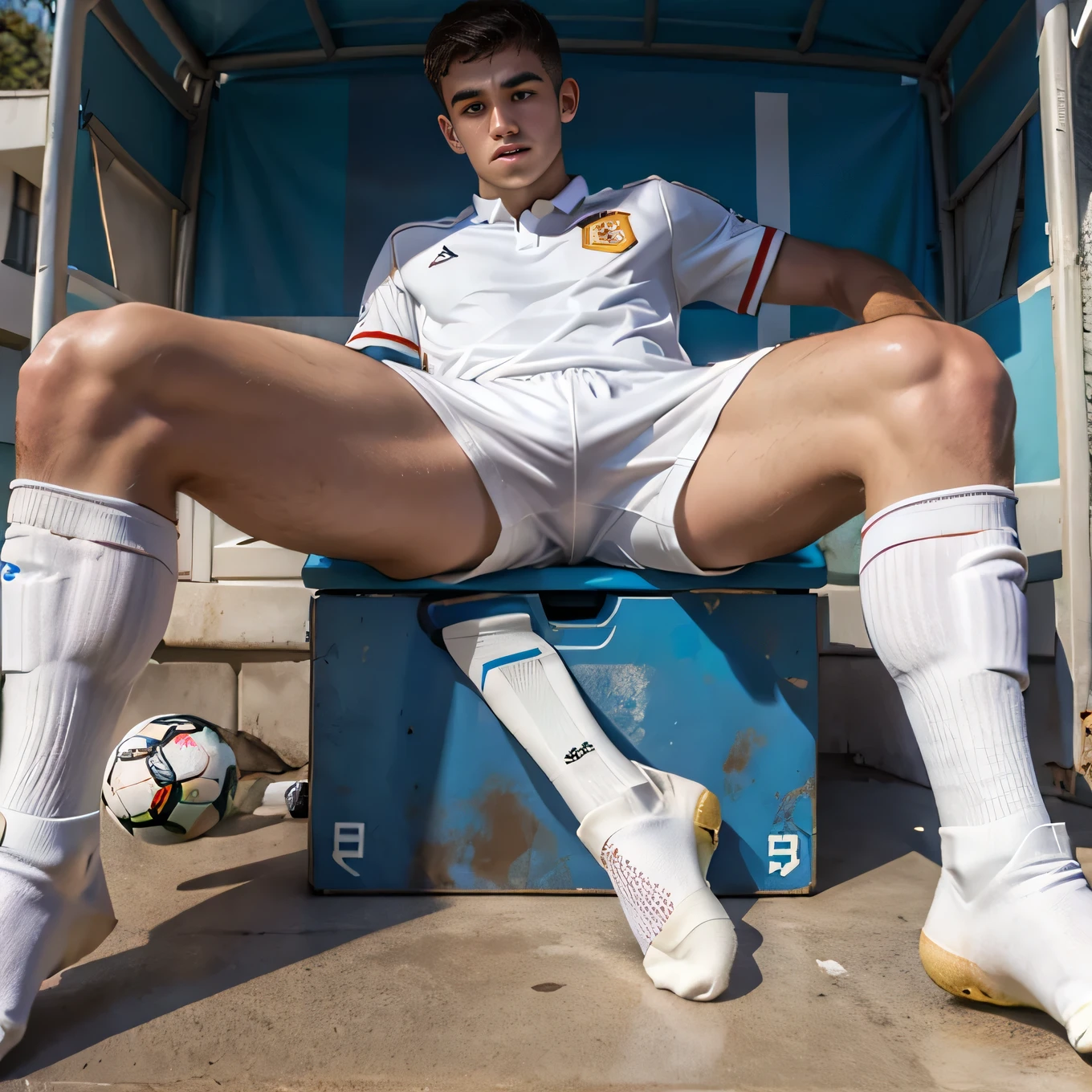 White-skinned young Spanish soccer player wearing white socks